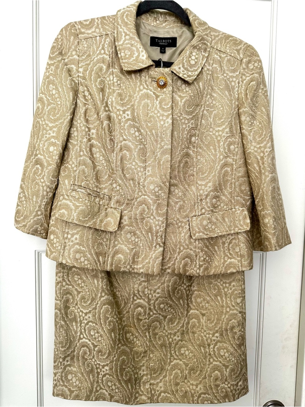 Gorgeous Talbots Beige Paisley Jacquard Two-Piece Suit with Gold-Tone Buttons